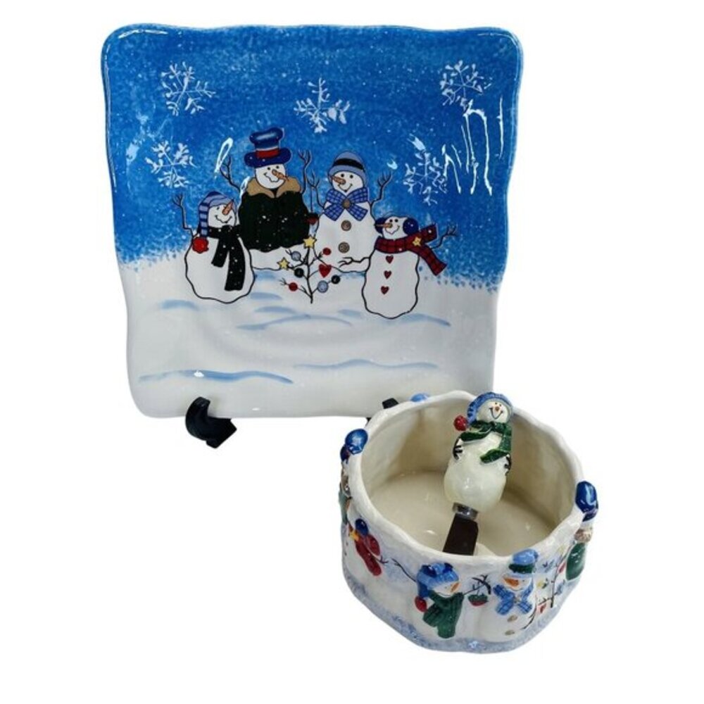 St. Nicholas Square Button Up Snowman-Themed Ceramic Bowl & Spreader Serving Set